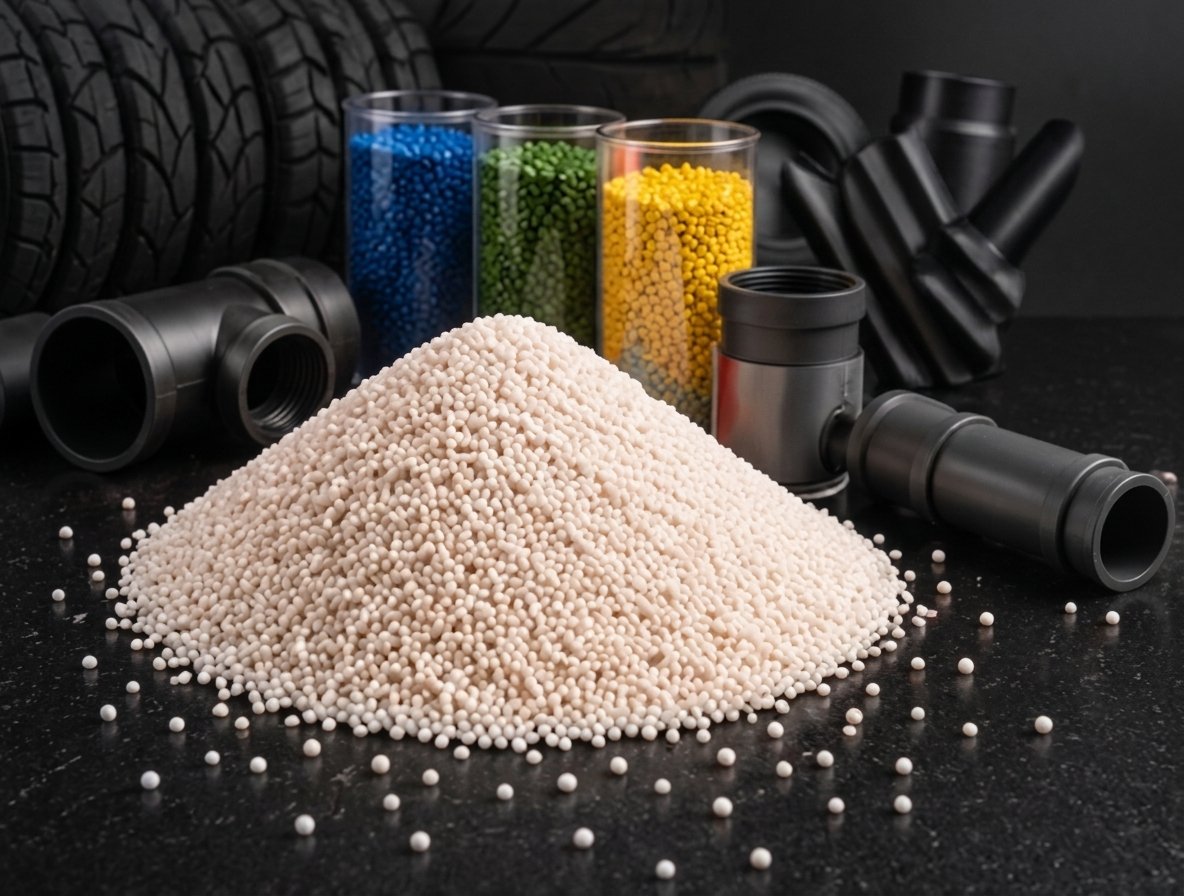 Pneus empilhados ao fundo, tubos de ensaio com grânulos plásticos coloridos, tubos plásticos pretos e pilha de grânulos de sílica em primeiro plano