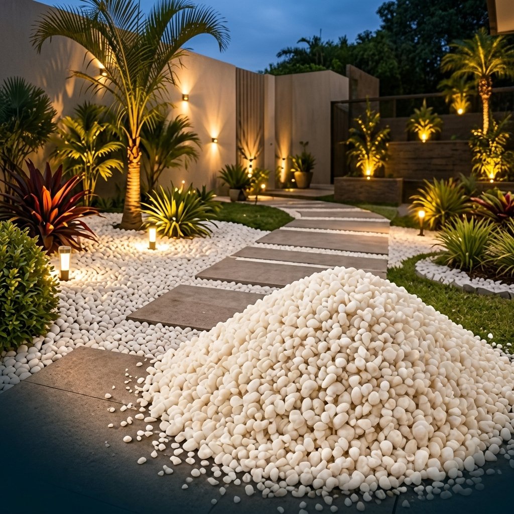 Caminho de jardim paisagístico iluminado à noite, com pilha de seixos brancos em primeiro plano