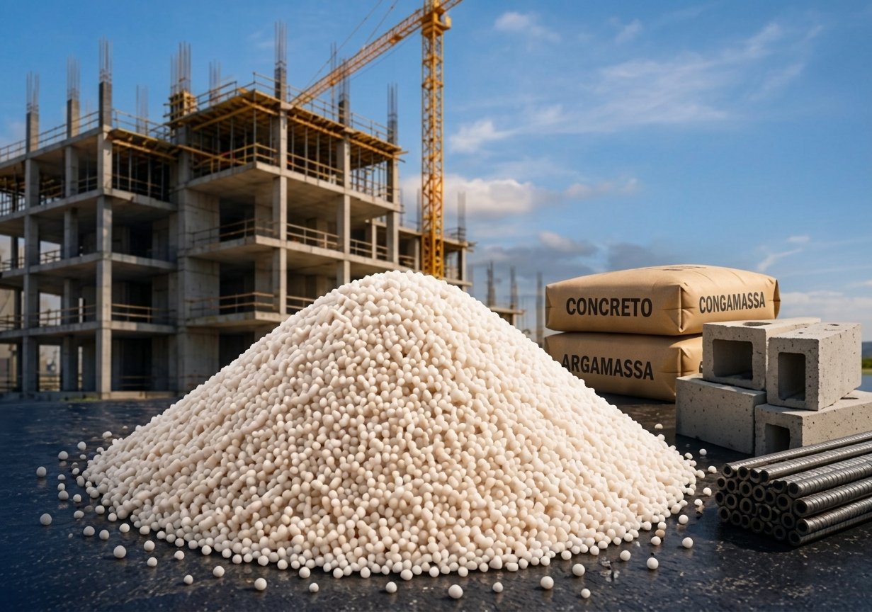 Obra em construção com guindaste, sacos de argamassa, blocos de concreto, tubos de PVC e pilha de grânulos de sílica em primeiro plano